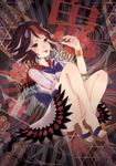  bangle black_hair bow bracelet directional_arrow dress highres horns jewelry kijin_seija multicolored_hair red_eyes red_hair rs_akatuki short_hair smile solo streaked_hair tongue tongue_out touhou white_hair 