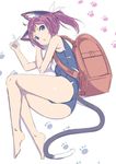  ahoge animal_ears backpack bad_id bad_twitter_id bag bare_legs barefoot blue_eyes cat_ears cat_tail fenrirr hair_ribbon jpeg_artifacts lying on_side one-piece_swimsuit paw_print ponytail purple_hair randoseru ribbon school_swimsuit scissors short_hair solo swimsuit tail torn_clothes torn_swimsuit white_background 