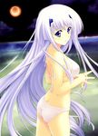  absurdres ass bikini blush cowboy_shot eclipse from_side hair_ornament hands_together highres inia_sestina lavender_eyes lavender_hair long_hair looking_at_viewer looking_back miyata_sou muvluv parted_lips scan sidelocks solo steepled_fingers swimsuit very_long_hair white_bikini 