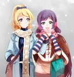  :d ayase_eli bag blonde_hair blue_eyes breath detached_sleeves ghost_(ghost528) green_eyes hand_in_pocket highres holding_hands love_live! love_live!_school_idol_project messenger_bag multiple_girls open_mouth ponytail purple_hair scarf shawl shopping_bag shoulder_bag smile snow star star_print toujou_nozomi 