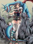  black_hair claws cloak dragon gen_3_pokemon hand_on_another's_cheek hand_on_another's_face higana_(pokemon) highres jewelry looking_at_viewer over-kneehighs pokemon pokemon_(creature) pokemon_(game) pokemon_oras red_eyes salamence short_hair short_ponytail short_shorts shorts smile tail thighhighs tmr whismur wings 