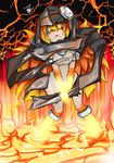  black_sclera blonde_hair d: duel_monster fire highres hood laval_forest_sprite molten_rock monster_girl multicolored_hair open_mouth orange_hair solo spirit-edge torn_clothes yellow_eyes yuu-gi-ou 