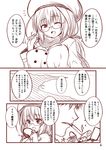  1girl admiral_(kantai_collection) alternate_costume coat comic cup fur_trim hat i-8_(kantai_collection) kantai_collection lighter long_hair monochrome one_eye_closed ribbon scarf sketch translated twintails yua_(checkmate) 