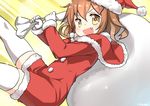  artist_name brown_hair christmas fang fur_trim hair_ornament hairclip hat highres ikazuchi_(kantai_collection) kantai_collection looking_at_viewer open_mouth over_shoulder ryuki_(ryukisukune) sack santa_costume santa_hat short_hair signature solo thighhighs white_legwear yellow_eyes 