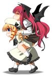  :o =_= armband bat_wings blonde_hair blue_eyes blush bow carrying chibi closed_eyes commentary_request demon_tail dress dress_shirt drill_hair e-kingdom frills hat hat_bow head_wings highres juliet_sleeves koakuma loafers long_hair long_sleeves luna_child multiple_girls no_mouth open_mouth piggyback puffy_sleeves quad_drills red_hair shirt shoes sidelocks simple_background skirt skirt_set socks tail touhou very_long_hair vest walking white_background white_dress white_shirt wings 