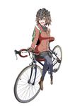  :d absurdres backpack bag bicycle brown_eyes brown_hair full_body ground_vehicle helmet highres jacket looking_at_viewer open_mouth original pantyhose potato_pot shoes short_hair shorts sidesaddle simple_background sitting smile solo striped striped_legwear vertical_stripes white_background 