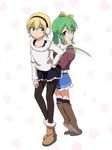  :d alternate_costume ankle_boots back-to-back black_legwear blonde_hair boots bow brown_footwear casual cato_(monocatienus) contemporary daiyousei earmuffs fur_boots green_eyes green_hair hair_bow hair_ornament hair_ribbon hairclip hand_on_hip knee_boots long_hair looking_at_viewer lunasa_prismriver multiple_girls open_mouth pantyhose pleated_skirt ribbon short_hair side_ponytail skirt smile tiptoes touhou wings 
