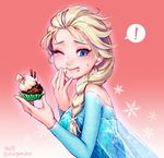  1girl bare_shoulders blonde_hair blue_eyes braid cake chocolate eating elsa_(frozen) food frozen_(disney) hair_over_shoulder ko-on_(ningen_zoo) long_hair one_eye_closed single_braid snowflakes solo 