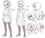  ahoge bow breasts character_name character_sheet dual_persona english expressions hair_bow hairband hanako_(naso4) large_breasts mary_janes monochrome naso4 original pantyhose school_uniform short_hair smirk solo standing suspenders tongue tongue_out youkai 