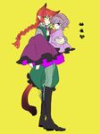  1girl animal_ears bad_id bad_pixiv_id barefoot boots braid carrying cat_ears cat_tail expressionless full_body genderswap genderswap_(ftm) hand_on_another's_chest heart kaenbyou_rin komeiji_satori looking_at_viewer person_carrying princess_carry purple_eyes purple_hair red_hair shimana_(cs-ts-az) simple_background single_braid standing tail touhou yellow_background yellow_eyes 