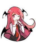  ;) bat_wings blush collared_shirt demon_tail dress_shirt eluthel eyelashes hands_on_own_cheeks hands_on_own_face head_wings koakuma long_hair long_sleeves looking_at_viewer necktie one_eye_closed pointy_ears red_eyes red_hair red_neckwear shirt simple_background skirt skirt_set smile solo tail touhou upper_body very_long_hair white_background white_shirt wings 