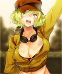  :d arm_behind_back arm_up bangs baseball_cap blonde_hair blurry bra breasts cidney_aurum cleavage collarbone commentary crop_top cropped_jacket depth_of_field dirty_face final_fantasy final_fantasy_xv goggles goggles_around_neck hair_between_eyes hat high_collar highres jacket large_breasts long_sleeves looking_at_viewer midriff naso4 navel open_mouth red_bra shiny shiny_skin short_hair sketch smile solo underwear upper_body wavy_hair yellow_eyes 