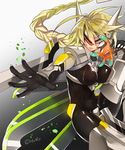  ahoge armor blazblue blonde_hair bodysuit braid breasts covered_navel floating_swords glowing hair_weapon hyakuhachi_(over3) lambda-11 long_hair mecha_musume mechanical_legs medium_breasts tartar visor 