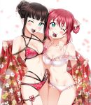  2girls arm_over_shoulder bangs bikini black_hair bow breasts candy chocolate chocolate_heart cleavage collarbone flashing floral_print food frilled_bikini frills green_eyes hair_between_eyes hair_bow hair_bun hair_ornament hairpin heart highres kurosawa_dia kurosawa_ruby looking_at_viewer love_live! love_live!_sunshine!! mole mole_under_mouth multiple_girls navel one_eye_closed petals pink_bow red_bikini red_bikini_bottom red_bikini_top red_hair robe rozen5 siblings sidelocks simple_background sisters small_breasts smile swimsuit white_background white_bikini white_bikini_bottom white_bikini_top 