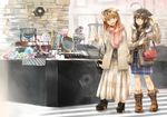  2girls :d accessories ahoge alternate_costume bag bangs blonde_hair blue_eyes boots braid brown_footwear brown_hair casual coat commentary_request cross-laced_footwear custom_(cus-tom) display dress fairy_(kantai_collection) fashion fur_boots fur_coat hair_flaps hair_ornament hair_ornament_removed hair_ribbon hairclip handbag head_tilt jewelry jewelry_removed kantai_collection lace-up_boots long_hair long_skirt looking_at_another minigirl mirror multiple_girls open_clothes open_coat open_mouth parted_lips pink_scarf plaid plaid_dress platform_footwear pleated_skirt red_eyes remodel_(kantai_collection) ribbon scarf shigure_(kantai_collection) shop shopping shoulder_bag side-by-side single_braid skirt smile snow_boots standing yuudachi_(kantai_collection) 