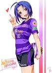  ahoge ball blue_hair blush breasts dated idolmaster idolmaster_(classic) inoue_sora j._league japan jpeg_artifacts large_breasts looking_at_viewer miura_azusa pink_eyes revision sanfrecce_hiroshima short_hair shorts signature smile soccer soccer_ball soccer_uniform solo sportswear 