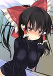  alternate_costume black_hair black_sweater blush bow breasts brown_eyes covered_nipples hair_bow hair_tubes hakurei_reimu impossible_clothes impossible_shirt long_hair long_sleeves looking_at_viewer medium_breasts naked_sweater ribbed_sweater shirt solo sweater tororo touhou turtleneck 
