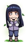  bangs blunt_bangs boots chibi clenched_hands eyebrows_visible_through_hair falling_leaves forehead_protector full_body hyuuga_hinata konohagakure_symbol leaf long_hair long_sleeves naruto naruto_(series) naruto_shippuuden ninja no_pupils open_toe_shoes oreshika simple_background smile solo standing toeless_boots white_background 