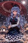  blue_dress cowboy_shot dress full_moon kabaji kamishirasawa_keine long_hair long_sleeves moon moonlight night oriental_umbrella petticoat puffy_long_sleeves puffy_sleeves red_eyes scarf smile snow snowing solo stone_lantern touhou traditional_media umbrella 