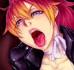  ao_no_exorcist blonde_hair choker close-up collarbone face gradient_hair jacket kirigakure_shura leather leather_jacket long_hair multicolored_hair nose open_mouth oral_invitation purple_eyes red_hair ribbon_choker sawao solo spaghetti_strap tongue tongue_out 
