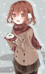  bad_id bad_twitter_id black_legwear blush brown_eyes brown_gloves coat double-breasted earmuffs fang gloves hair_ornament hairclip ikazuchi_(kantai_collection) kantai_collection looking_at_viewer open_mouth pantyhose scarf shijima_(sjmr02) short_hair skirt snow_bunny snowing solo twitter_username winter_clothes winter_coat 