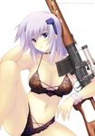  absurdres black_bra black_panties blush bra breasts choker cleavage collarbone cryska_barchenowa dragunov_svd gun hair_ornament highres lace lace_bra lace_panties large_breasts lavender_eyes lavender_hair light_smile miyata_sou muvluv muvluv_alternative muvluv_total_eclipse navel panties rifle simple_background sitting smile sniper_rifle solo spread_legs underwear underwear_only weapon white_background wrist_cuffs 