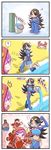  2boys 2girls 4koma ? beach black_hair blue_eyes bucket bucket_of_water clenched_hand clenched_hands clenched_teeth closed_eyes comic commentary_request crab crying crying_with_eyes_open dark_skin evil_grin evil_smile fake_horns fighting flying_sweatdrops gen_1_pokemon gloves goggles goggles_on_head grin highres homura_(pokemon) hood hoodie izumi_(pokemon) jewelry jitome kagari_(pokemon) krabby long_hair midriff multiple_boys multiple_girls musical_note navel pokemon pokemon_(creature) pokemon_(game) pokemon_oras purple_eyes purple_hair ribbed_sweater short_hair smile sougetsu_(yosinoya35) squatting surprised sweater team_aqua team_magma tears teeth troll_face uniform ushio_(pokemon) 
