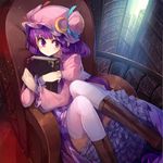 blush book book_hug bookshelf boots brown_footwear chair crescent cross-laced_footwear hat holding holding_book lace-up_boots library long_hair long_sleeves looking_at_viewer patchouli_knowledge purple_eyes purple_hair sitting solo thighhighs touhou ukyo_rst white_legwear 