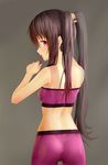  adjusting_hair aki99 ass bare_shoulders bike_shorts brown_hair cowboy_shot from_behind grey_background highres long_hair looking_back midriff mouth_hold original red_eyes simple_background solo sports_bra twintails 