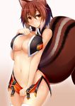  animal_ears bare_shoulders blazblue blush breasts cleavage cowboy_shot dd_mayohara hand_on_own_chest large_breasts large_tail light_smile looking_at_viewer makoto_nanaya multicolored_hair navel orange_eyes orange_skirt short_hair skirt skirt_tug solo squirrel_ears squirrel_tail stomach tail thighhighs two-tone_hair white_legwear 