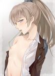  blue_eyes brown_hair collarbone drinking_straw flat_chest jpeg_artifacts kanden_suki kantai_collection kumano_(kantai_collection) long_hair looking_at_viewer mouth_hold navel nipples open_clothes open_shirt ponytail shirt solo twitter_username upper_body 