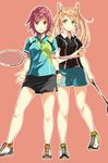  abukuma_(kantai_collection) alternate_costume badminton_racket blonde_hair blue_eyes full_body hair_rings highres kantai_collection kinu_(kantai_collection) long_hair looking_at_viewer multiple_girls orange_background polo_shirt racket red_eyes red_hair sahuyaiya shirt shoes short_hair shorts simple_background skirt smile sneakers sportswear standing sweatband t-shirt tennis_uniform twintails 