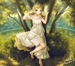  animal_ears bare_shoulders barefoot blonde_hair blush bush dress grass green_eyes hanakomiti long_hair nature original solo tail tree water 