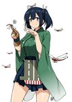  archery blue_eyes blue_hair blush breasts bug dragonfly flight_deck gloves hair_ribbon hyouju_issei insect japanese_clothes kantai_collection large_breasts partly_fingerless_gloves ribbon short_hair short_twintails single_glove skirt smile solo souryuu_(kantai_collection) twintails yugake 