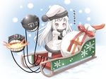  ahoge dress fujishima_shinnosuke hat horns kantai_collection long_hair mittens northern_ocean_hime orange_eyes santa_hat shinkaisei-kan solo translated white_dress white_hair white_skin 