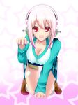  :3 :d blush breasts cleavage headphones large_breasts long_hair looking_at_viewer nitroplus open_mouth paw_pose pink_hair pom_pom_(clothes) red_eyes smile solo super_sonico waserin 