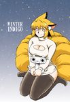  animal_ears azuki_osamitsu blonde_hair breasts cleavage fox_ears fox_tail highres large_breasts meme_attire multiple_tails naked_sweater open-chest_sweater seiza short_hair sitting smile solo sweater tail thighhighs touhou yakumo_ran yellow_eyes 