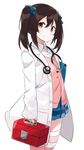  black_hair clipboard doctor flat_chest jpeg_artifacts labcoat looking_at_viewer love_live! love_live!_school_idol_project pink_legwear red_eyes short_hair simple_background skirt smile solo stethoscope striped striped_legwear totoki86 twintails white_background yazawa_nico 