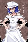  alternate_costume aoshima bare_shoulders bat_wings collarbone dress hands_on_hips lavender_hair lips looking_at_viewer off_shoulder red_eyes remilia_scarlet serious shaded_face short_hair solo touhou translated white_dress wings 