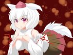  animal_ears bad_id bad_pixiv_id bare_shoulders blush breasts detached_sleeves fang hand_on_own_chest hat inubashiri_momiji jantaku large_breasts looking_at_viewer red_eyes ribbon-trimmed_sleeves ribbon_trim shirt short_hair silver_hair skirt solo tail tokin_hat touhou wolf_ears wolf_tail 