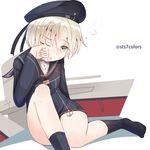  alternate_eye_color aqua_eyes blush clothes_writing hat kantai_collection long_sleeves military military_uniform neckerchief open_mouth sailor_collar sailor_hat short_hair silver_hair sitting solo sts twitter_username uniform wet yawning z1_leberecht_maass_(kantai_collection) 