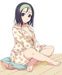  barefoot black_eyes black_hair blush breasts crossed_legs cushion feet full_body green_hairband hairband heart heart_print hood hood_down hoodie long_sleeves looking_at_viewer matsunaga_kouyou medium_breasts open_clothes original pajamas print_hoodie print_shorts short_hair shorts sideboob sitting solo toes white_background 