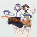  biwa_lute brown_eyes brown_hair cosplay costume_switch dress flower hair_flower hair_ornament hairband instrument long_hair lute_(instrument) multiple_girls musical_note one_eye_closed open_mouth purple_eyes purple_hair short_hair siblings sisters skirt smile touhou tsukumo_benben tsukumo_benben_(cosplay) tsukumo_yatsuhashi tsukumo_yatsuhashi_(cosplay) twintails ys_(fall) 