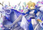  ahoge armor armored_dress artoria_pendragon_(all) bad_id bad_pixiv_id blonde_hair cape crown daisy dress ells excalibur fate/stay_night fate_(series) flower green_eyes saber solo sword weapon 