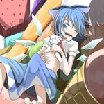  bad_id bad_pixiv_id blue_eyes blue_hair bow cirno food hair_bow ice ice_cream ice_wings one_eye_closed open_mouth shuga_(soranote) solo touhou wings 