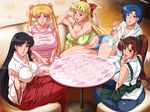  5girls aino_minako apron bishoujo_senshi_sailor_moon black_hair blonde_hair blue_eyes blue_hair blush bow breasts brown_hair couch denim dress glasses green_eyes hair_bobbles hair_bow hair_ornament highres hino_rei huge_breasts japanese_clothes jeans kimono kino_makoto labcoat large_breasts legs long_hair looking_at_viewer mario_(artist) miko mizuno_ami multiple_girls older open_mouth pants pink_dress plump ponytail purple_eyes sailor_jupiter sailor_mars sailor_mercury sailor_moon sailor_venus shirt short_hair shorts sitting smile table tank_top team-tanabe thighs tsukino_usagi twintails white_shirt 