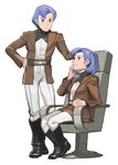  1boy 1girl blue_eyes blue_hair boots chair densetsu_kyojin_ideon dual_persona genderswap hatari_naburu military military_uniform sarmatamra uniform 