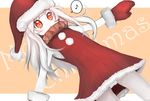  alternate_costume christmas dress dutch_angle eighth_note hachachi kantai_collection long_hair looking_at_viewer merry_christmas mittens musical_note northern_ocean_hime panties pantyshot red_dress red_eyes ribbed_dress santa_costume shinkaisei-kan solo speech_bubble spoken_musical_note underwear white_hair white_skin 