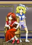  blonde_hair bow braid capelet chair dress hand_on_hip hat kams kitashirakawa_chiyuri multiple_girls okazaki_yumemi oota_jun'ya_(style) red_eyes red_hair sailor_dress sailor_hat shirt sitting touhou touhou_(pc-98) vest yellow_eyes 