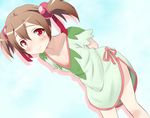  arms_behind_back brown_hair dutch_angle hair_bobbles hair_ornament leaning_forward looking_at_viewer pajamas red_eyes silica smile solo sword_art_online twintails yokoshima_(euphoria) 